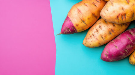 A selection of fresh sweet potatoes arranged on a colorful backdrop, offering clean space for your message or designの素材
