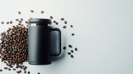 A minimalist shot of an empty black French press coffee maker and coffee beans on a white background, with ample space for your messageの素材