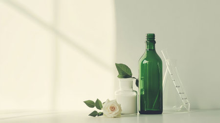 A minimalist arrangement of a green liquid bottle, white cream jar, laboratory glassware, and a rose petal, set against a white background with gentle shadows and copy spaceの素材