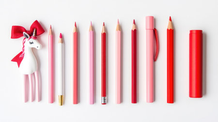 A collection of sharpened pencils, red and pink felt tip pens, and a unicorn pen with a scarlet ribbon, arranged on a white background with ample copy spaceの素材