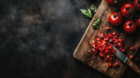 A top view of chopped tomatoes and a knife on a wooden cutting board, organic tomatoes in the background, clean eating concept with ample room for textの素材