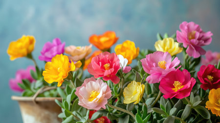 A variety of Portulaca oleracea flowers in different colors, with a soft background and enough space for adding your text or logoの素材