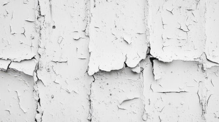 A textured, weathered white wall with peeling paint and visible cracks, creating space for adding your text or graphic designの素材