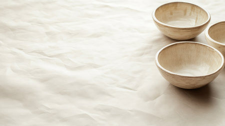 A set of traditional ceramic bowls resting on a smooth paper backdrop, leaving plenty of copy space for text or design elementsの素材