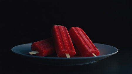 A simple and clean shot of strawberry ice cream popsicles on a white plate, featuring a dark background and space for copy or designの素材
