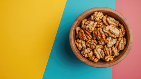 A top view of walnut kernel halves in a wooden bowl on a vibrant backdrop, emphasizing the health benefits of walnuts as superfoods, with ample copy spaceの素材