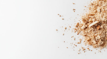A small heap of wood sawdust and fine shavings resting on a clean white background, isolated and perfect for minimal designs with copy spaceの素材