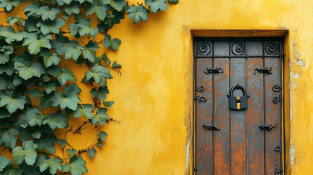 A decorative iron door with rust, a padlock, and green vines on a yellow wall, with space for copy or design elements to enhance the visualの素材