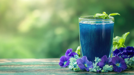A refreshing glass of butterfly pea juice surrounded by fresh flowers, with a wooden table and soft green blurred background for text spaceの素材