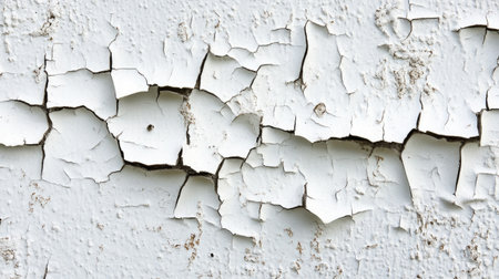 A textured, weathered white wall with peeling paint and visible cracks, creating space for adding your text or graphic designの素材