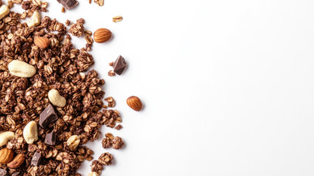 A pile of chocolate granola cereal with nuts arranged on a white background, minimalistic layout, perfect for text or product placementの素材