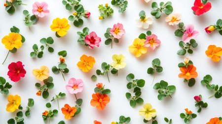 A variety of colorful Portulaca oleracea (Common Purslane) flowers with selective focus, creating a vibrant scene with ample copy spaceの素材