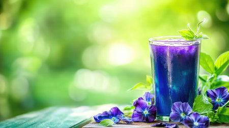 A glass of vibrant butterfly pea juice surrounded by fresh flowers on a wooden table, with a green blurred backdrop and plenty of copy spaceの素材
