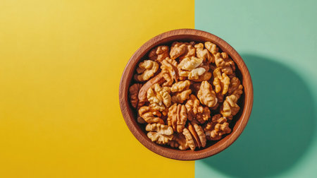 A top view of walnut kernel halves in a wooden bowl on a vibrant backdrop, emphasizing the health benefits of walnuts as superfoods, with ample copy spaceの素材