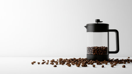 A minimalist shot of an empty black French press coffee maker and coffee beans on a white background, with ample space for your messageの素材