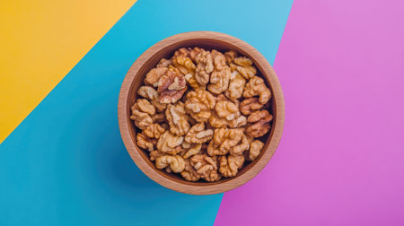 A wooden bowl of walnut halves, viewed from above, placed on a colorful background, perfect for promoting healthy eating with walnuts as superfoods, with room for textの素材