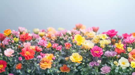 A variety of Portulaca oleracea flowers in different colors, with a soft background and enough space for adding your text or logoの素材