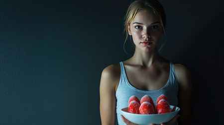 A white plate with strawberry ice cream popsicles, against a dark backdrop, emphasizing the vibrant colors with plenty of space for textの素材