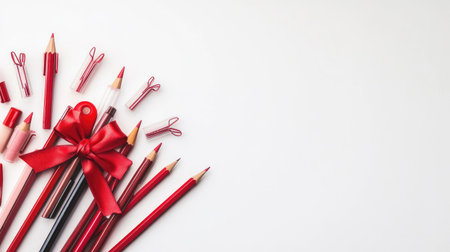 A whimsical arrangement of sharpened pencils, red and pink felt tip pens, and a unicorn pen adorned with a scarlet ribbon, placed on a white background with clean space for textの素材