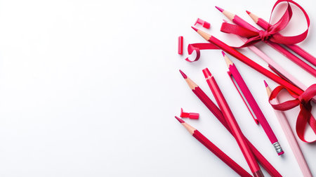A whimsical arrangement of sharpened pencils, red and pink felt tip pens, and a unicorn pen adorned with a scarlet ribbon, placed on a white background with clean space for textの素材