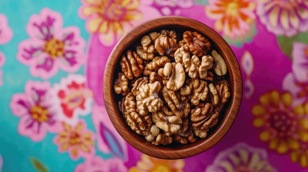 A wooden bowl filled with walnut kernel halves, viewed from above on a vibrant background, perfect for emphasizing healthy eating and superfoods with room for textの素材
