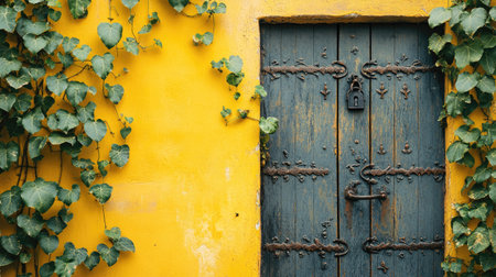 A vintage decorative iron door with rust and a padlock, decorated with green vines on a yellow wall, providing space for text or brandingの素材