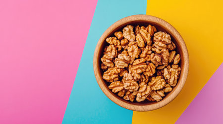 A wooden bowl of walnut halves, viewed from above, placed on a colorful background, perfect for promoting healthy eating with walnuts as superfoods, with room for textの素材