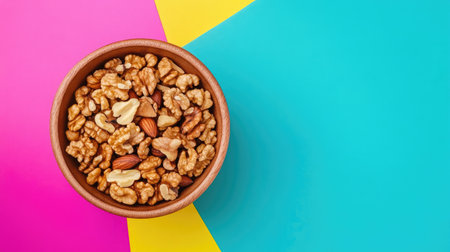 A wooden bowl filled with walnut kernel halves, viewed from above on a vibrant background, perfect for emphasizing healthy eating and superfoods with room for textの素材