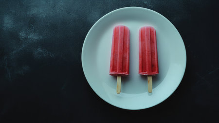 A white plate with strawberry ice cream popsicles, against a dark backdrop, emphasizing the vibrant colors with plenty of space for textの素材