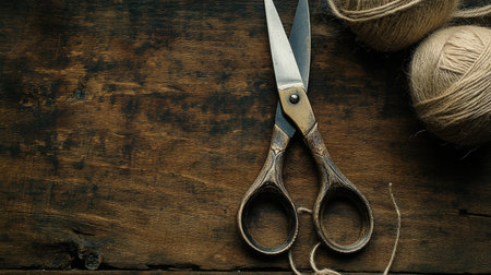 Antique scissors placed on a wooden surface with twine and a convoy, captured from above with plenty of room for text or promotional useの素材