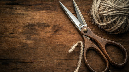 Antique scissors placed on a wooden surface with twine and a convoy, captured from above with plenty of room for text or promotional useの素材