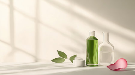 Aesthetic shot of a green liquid cosmetic bottle, white cream jar, and glass laboratory containers with a rose petal, on a white background with soft shadows and space for textの素材
