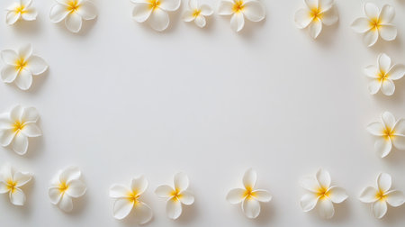Beautiful Plumeria flowers arranged symmetrically on a white background, providing clean space for any text or creative additionの素材