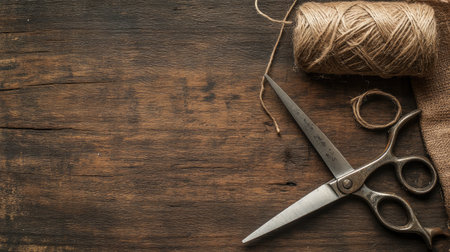 Antique scissors placed on a wooden surface with twine and a convoy, captured from above with plenty of room for text or promotional useの素材