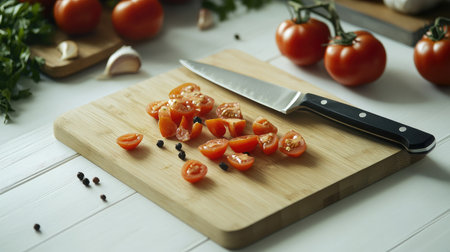 Chopped tomatoes and a knife on a cutting board, fresh organic tomatoes in the background, set on a white wooden table with space for clean eating branding or textの素材