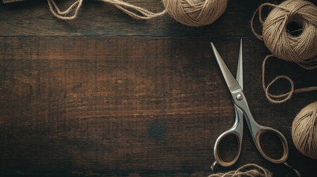 Antique scissors surrounded by twine and a convoy on a wooden table, captured from above with ample open space for creative copy or designの素材