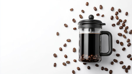 Black empty French press coffee maker on a white background, surrounded by scattered coffee beans, offering space for copy or brandingの素材