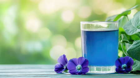 Butterfly pea flowers and juice in a glass on a wooden table, green blurred light backdrop with ample room for adding text or brandingの素材