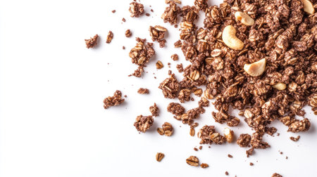 Chocolate granola cereal with nuts scattered across a white background, focusing on texture and details, with generous copy space availableの素材