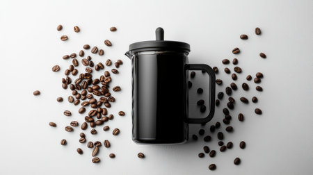 Black empty French press coffee maker on a white background, surrounded by scattered coffee beans, offering space for copy or brandingの素材