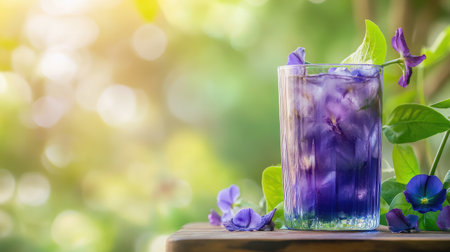 Butterfly pea flowers and juice in a glass on a wooden table, green blurred light backdrop with ample room for adding text or brandingの素材