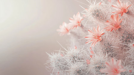 Blooming Mammillaria spinosissima cactus with delicate pink flowers and sharp spines, set against a neutral background with room for textの素材