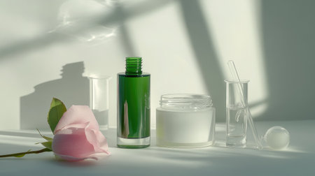 Close-up of a green liquid cosmetic bottle, jar of white cream, laboratory glassware, and a rose petal on a white backdrop, with light shadows and copy spaceの素材