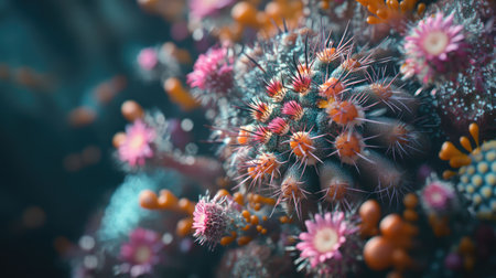 Close-up of a blooming Mammillaria spinosissima cactus, spiny pincushion and colorful flowers, with plenty of copy space around itの素材