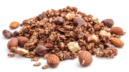 Chocolate granola cereal with nuts isolated on a white background, neatly arranged, with ample space around the product for promotional useの素材