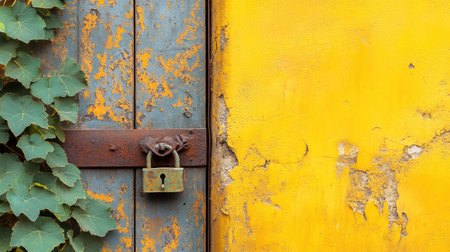 Close-up of a weathered iron door with rust and a padlock, decorated with green vines on a yellow wall, perfect for adding your text or brandingの素材