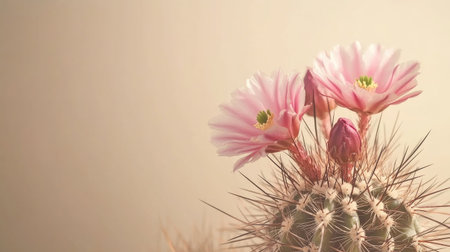 Blooming Mammillaria spinosissima cactus with delicate pink flowers and sharp spines, set against a neutral background with room for textの素材