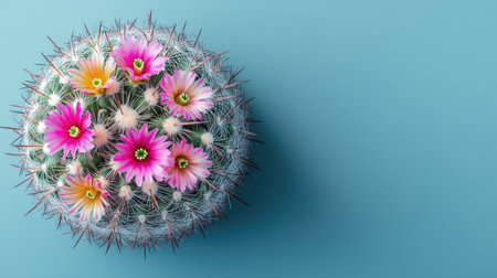 Blooming Mammillaria spinosissima cactus, spiny pincushion with colorful flowers, placed on a minimal background with ample space for designの素材