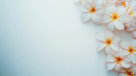 Close-up of soft, colorful Plumeria flowers on a white background, with ample room for adding text, logos, or graphic elementsの素材
