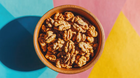 Close-up of walnut kernel halves in a wooden bowl on a colorful surface, emphasizing healthy eating with walnuts as superfoods, leaving space for textの素材